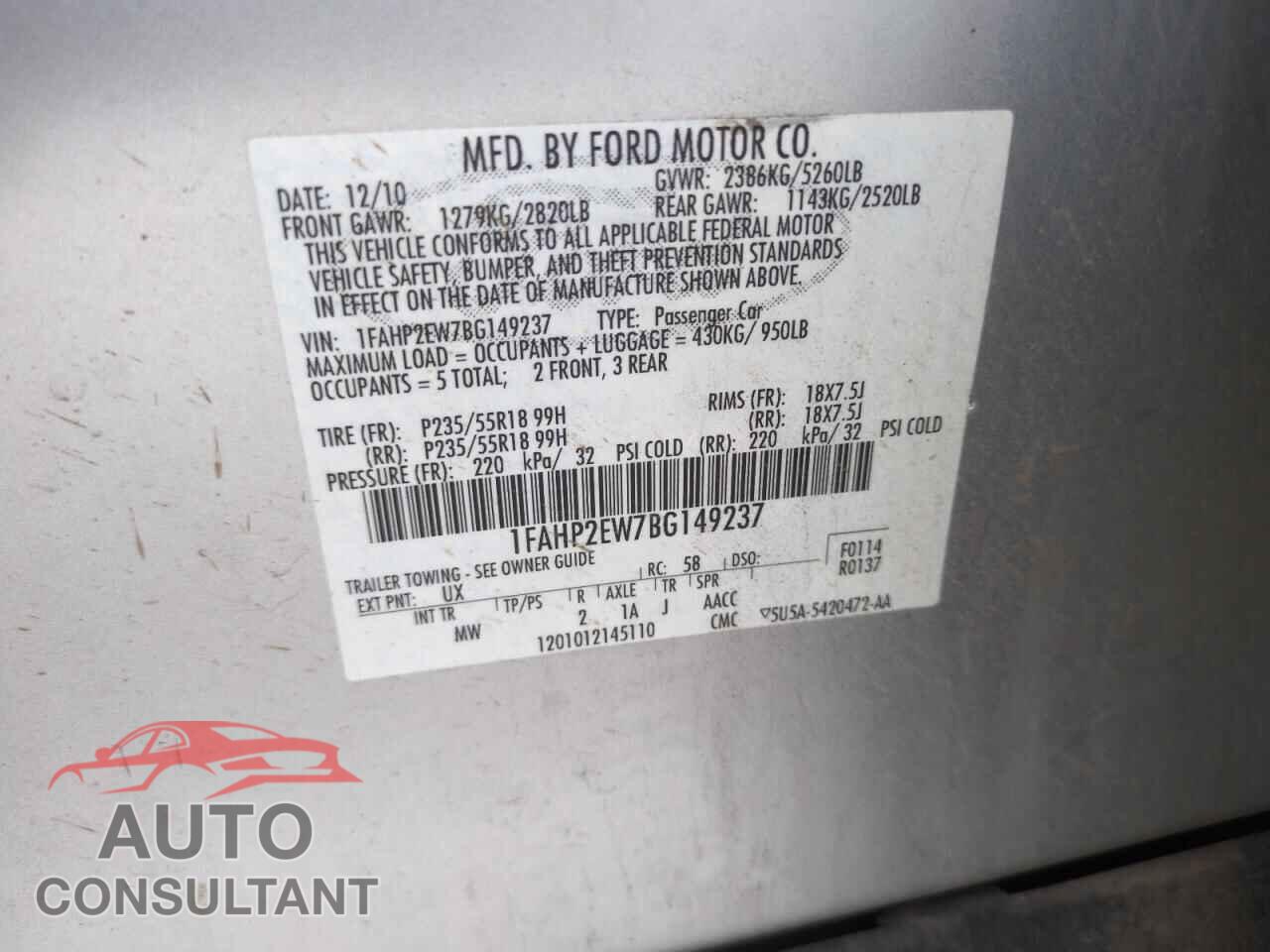 FORD TAURUS 2011 - 1FAHP2EW7BG149237