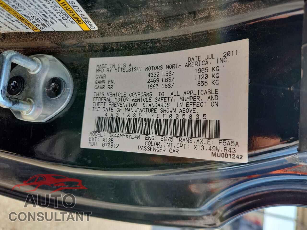 MITSUBISHI ECLIPSE 2012 - 4A31K3DT7CE005835