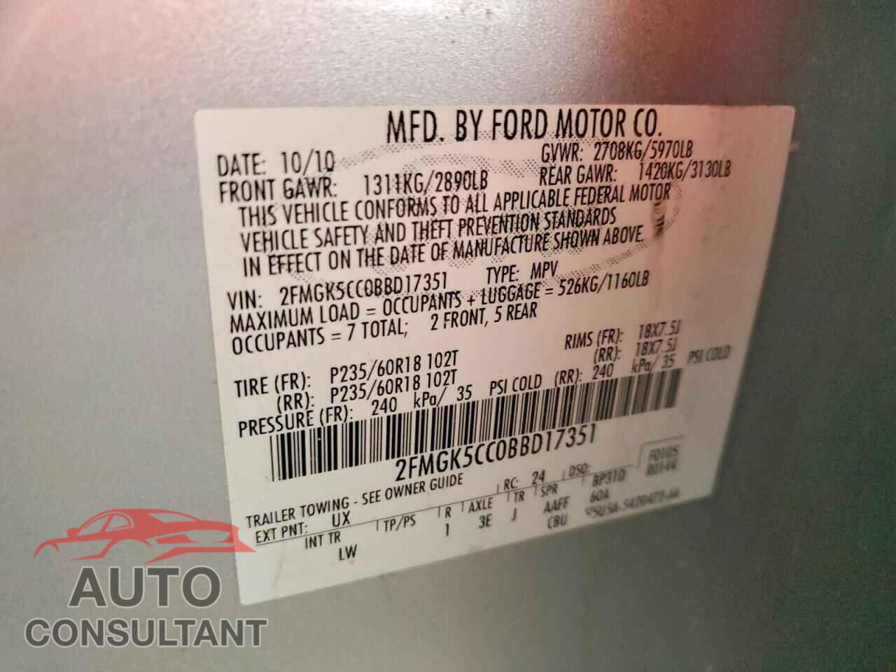 FORD FLEX 2011 - 2FMGK5CC0BBD17351