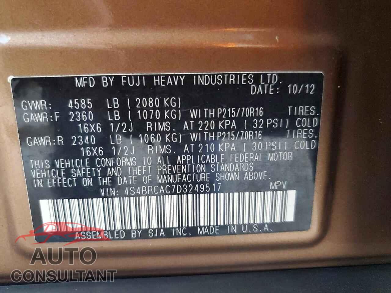 SUBARU OUTBACK 2013 - 4S4BRCAC7D3249517