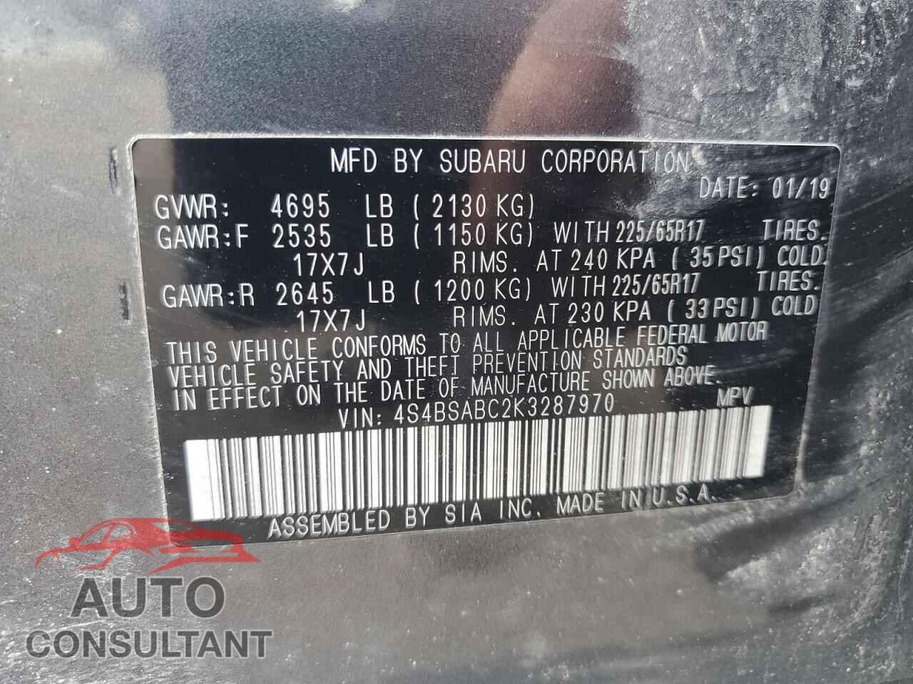 SUBARU OUTBACK 2019 - 4S4BSABC2K3287970