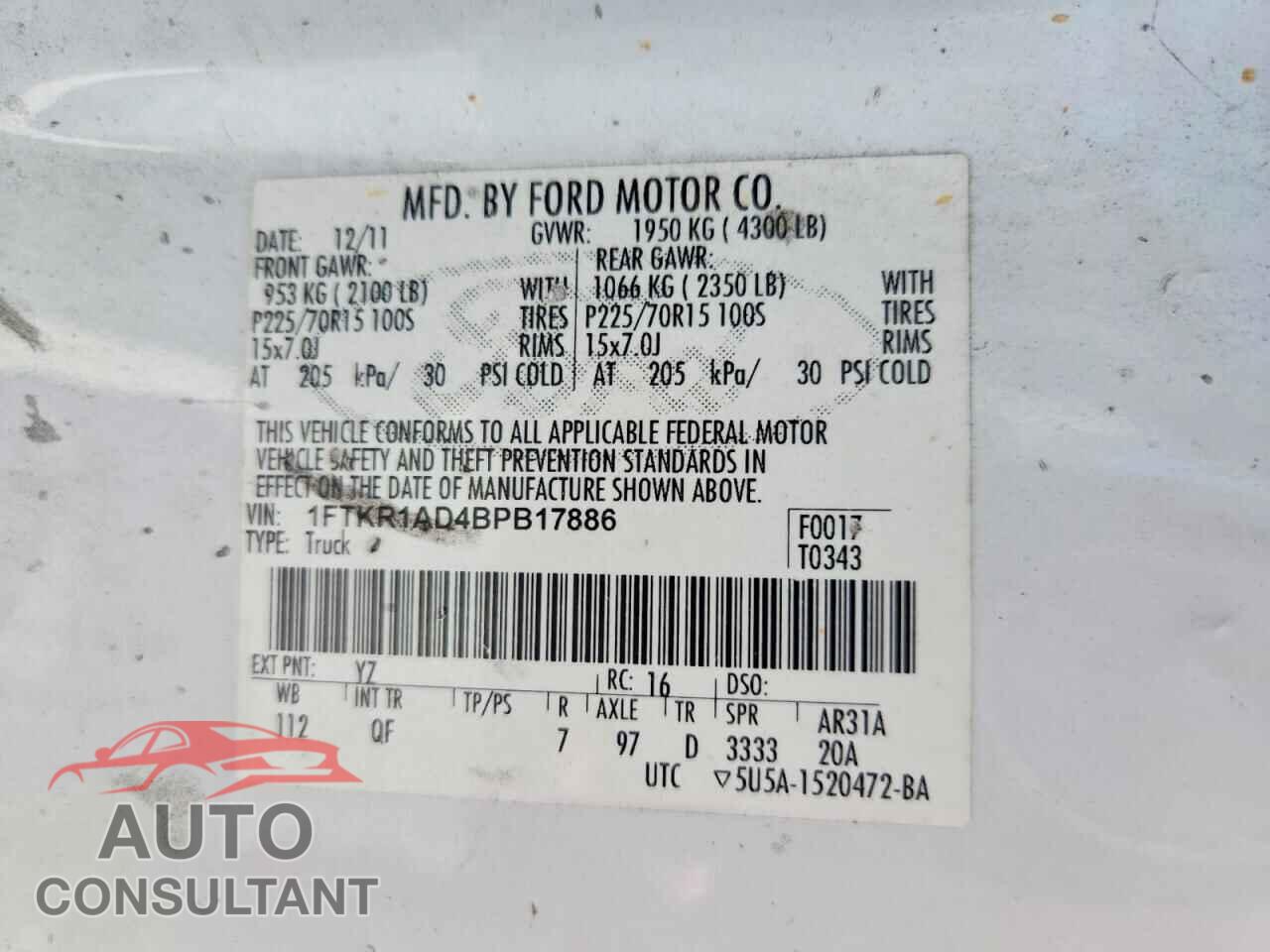 FORD RANGER 2011 - 1FTKR1AD4BPB17886