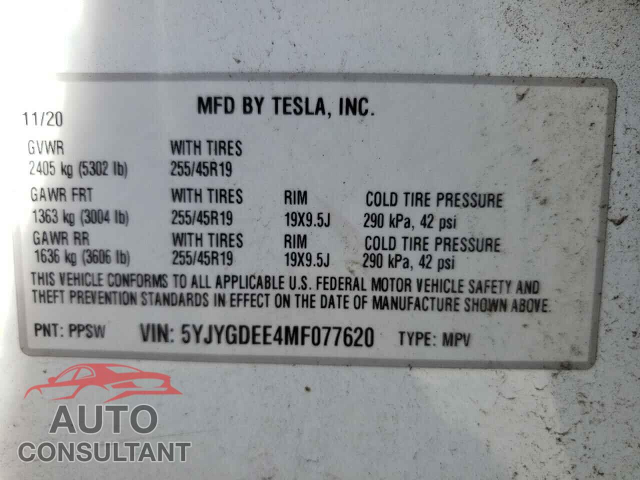TESLA MODEL Y 2021 - 5YJYGDEE4MF077620