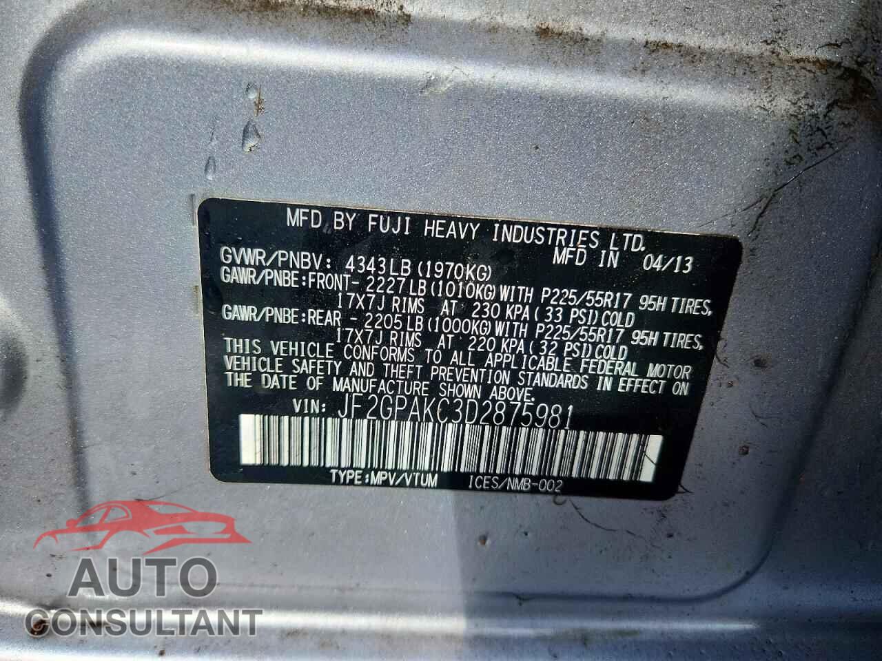 SUBARU XV 2013 - JF2GPAKC3D2875981