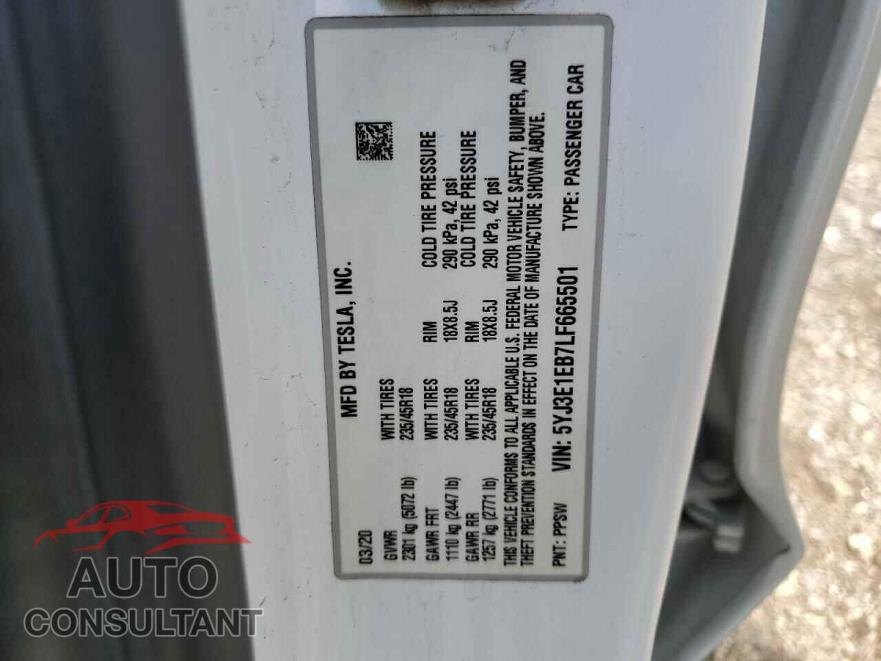 TESLA MODEL 3 2020 - 5YJ3E1EB7LF665501