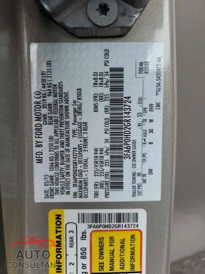 FORD FUSION 2016 - 3FA6P0HD2GR143724