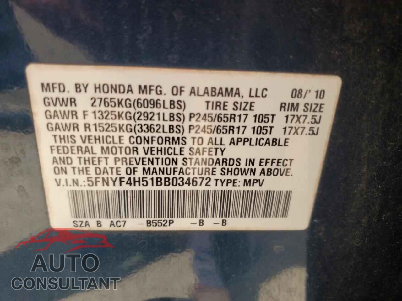 HONDA PILOT 2011 - 5FNYF4H51BB034672