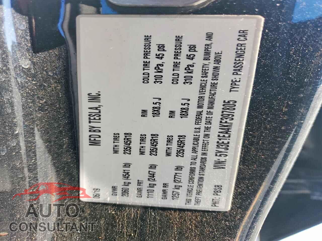 TESLA MODEL 3 2019 - 5YJ3E1EA4KF397805