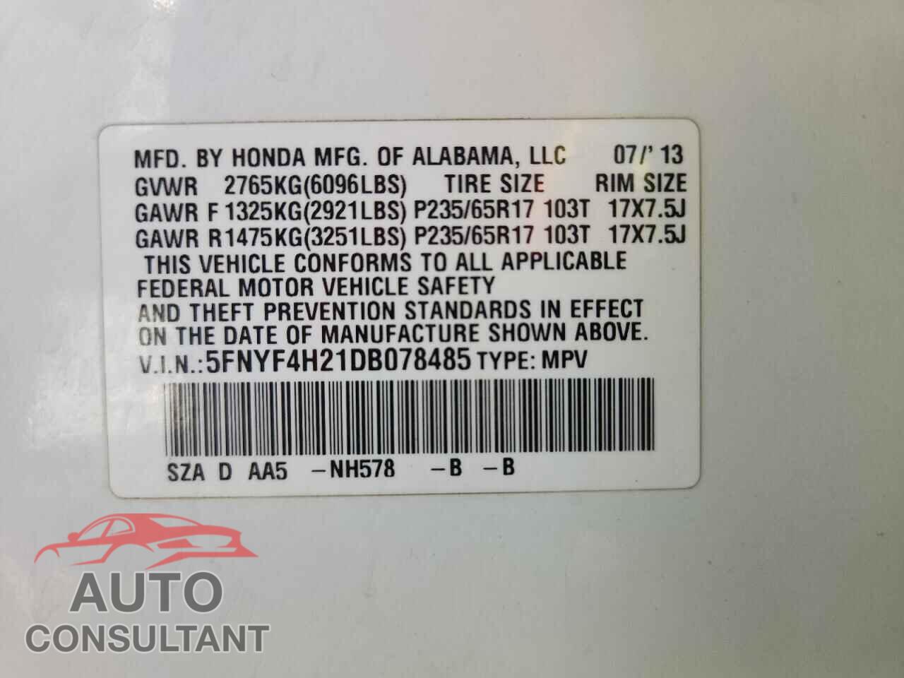HONDA PILOT 2013 - 5FNYF4H21DB078485