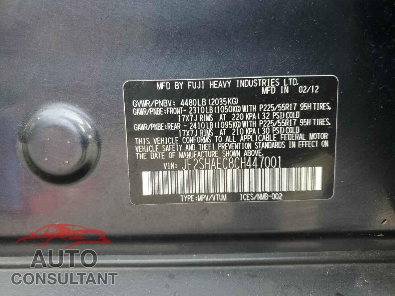 SUBARU FORESTER 2012 - JF2SHAEC8CH447001