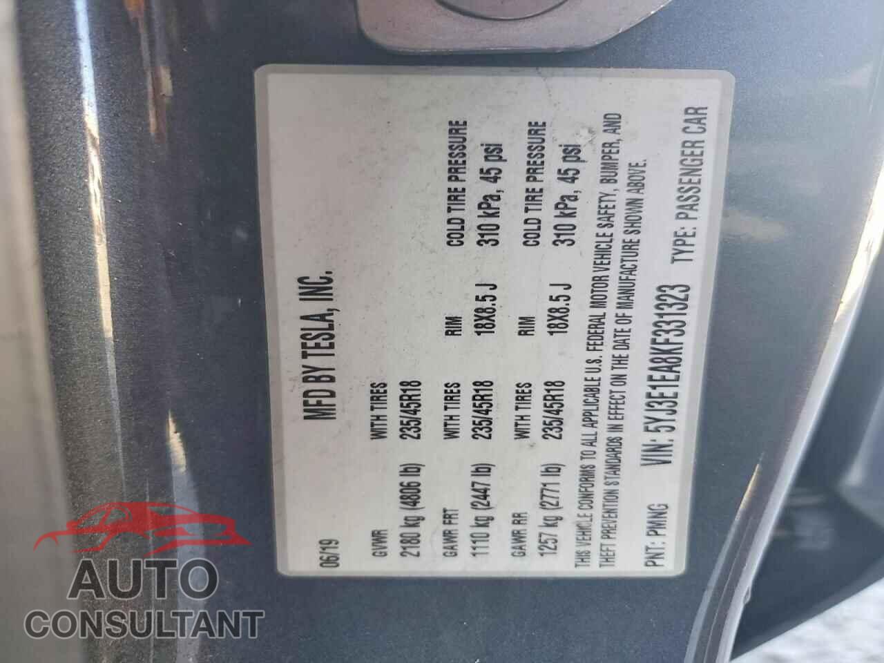 TESLA MODEL 3 2019 - 5YJ3E1EA8KF331323
