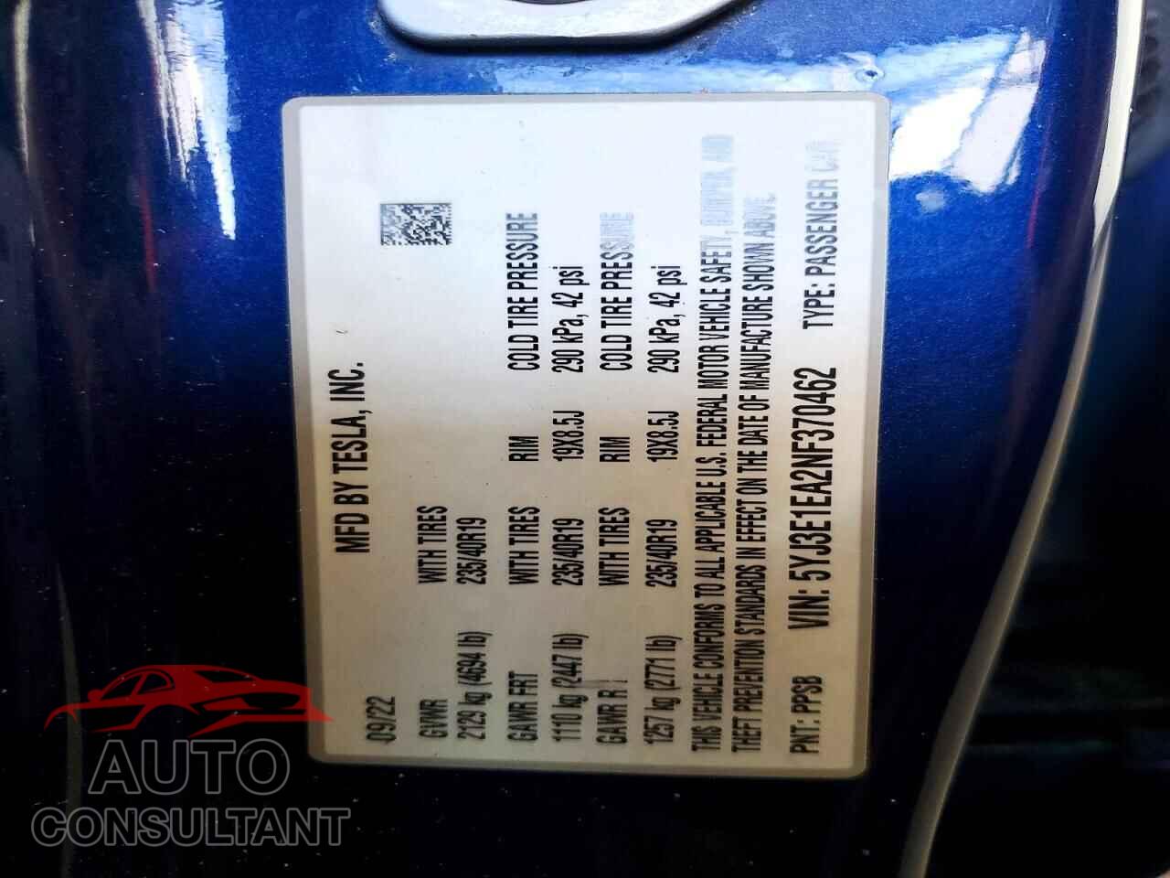 TESLA MODEL 3 2022 - 5YJ3E1EA2NF370462
