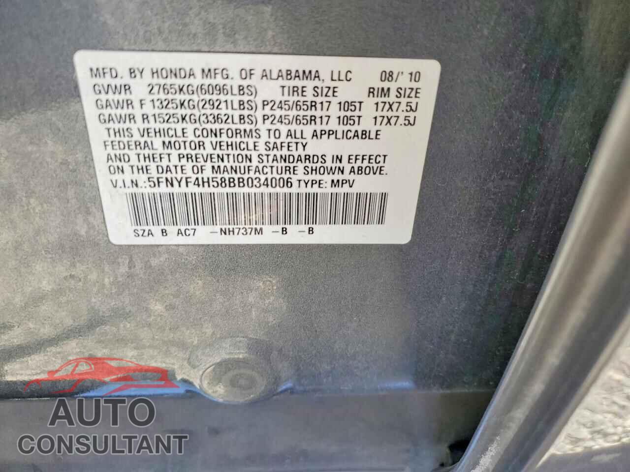 HONDA PILOT 2011 - 5FNYF4H58BB034006