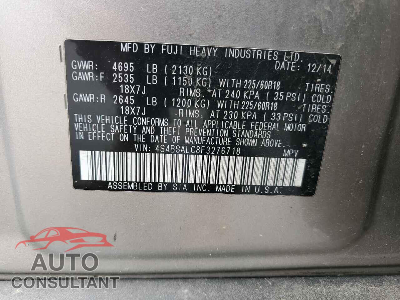 SUBARU OUTBACK 2015 - 4S4BSALC8F3276718