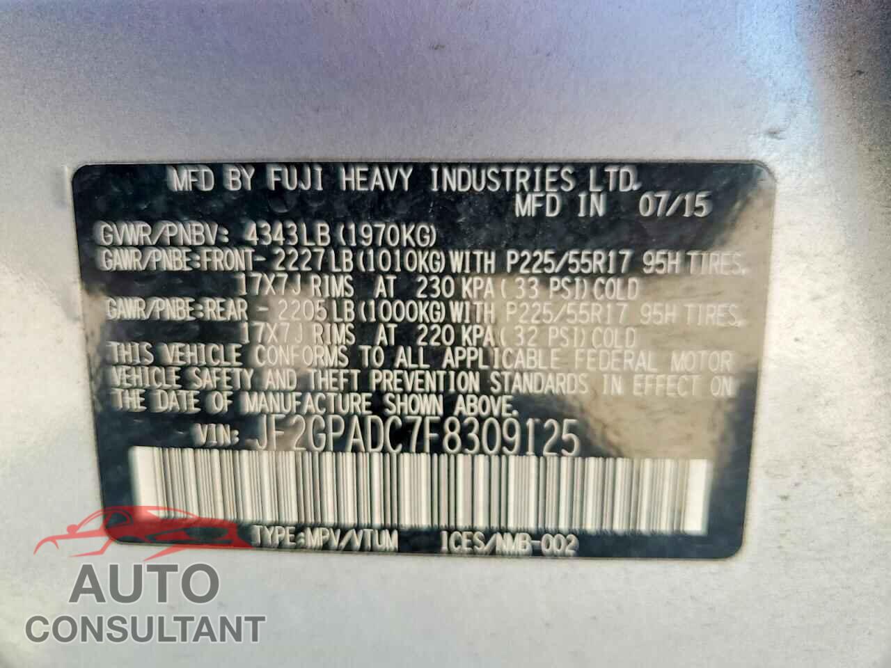 SUBARU XV 2015 - JF2GPADC7F8309125