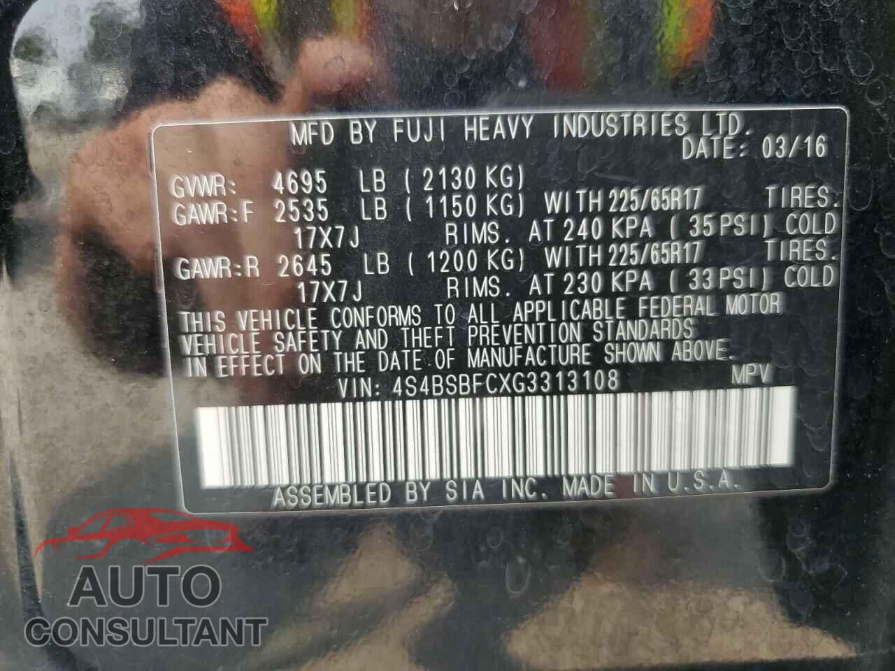 SUBARU OUTBACK 2016 - 4S4BSBFCXG3313108