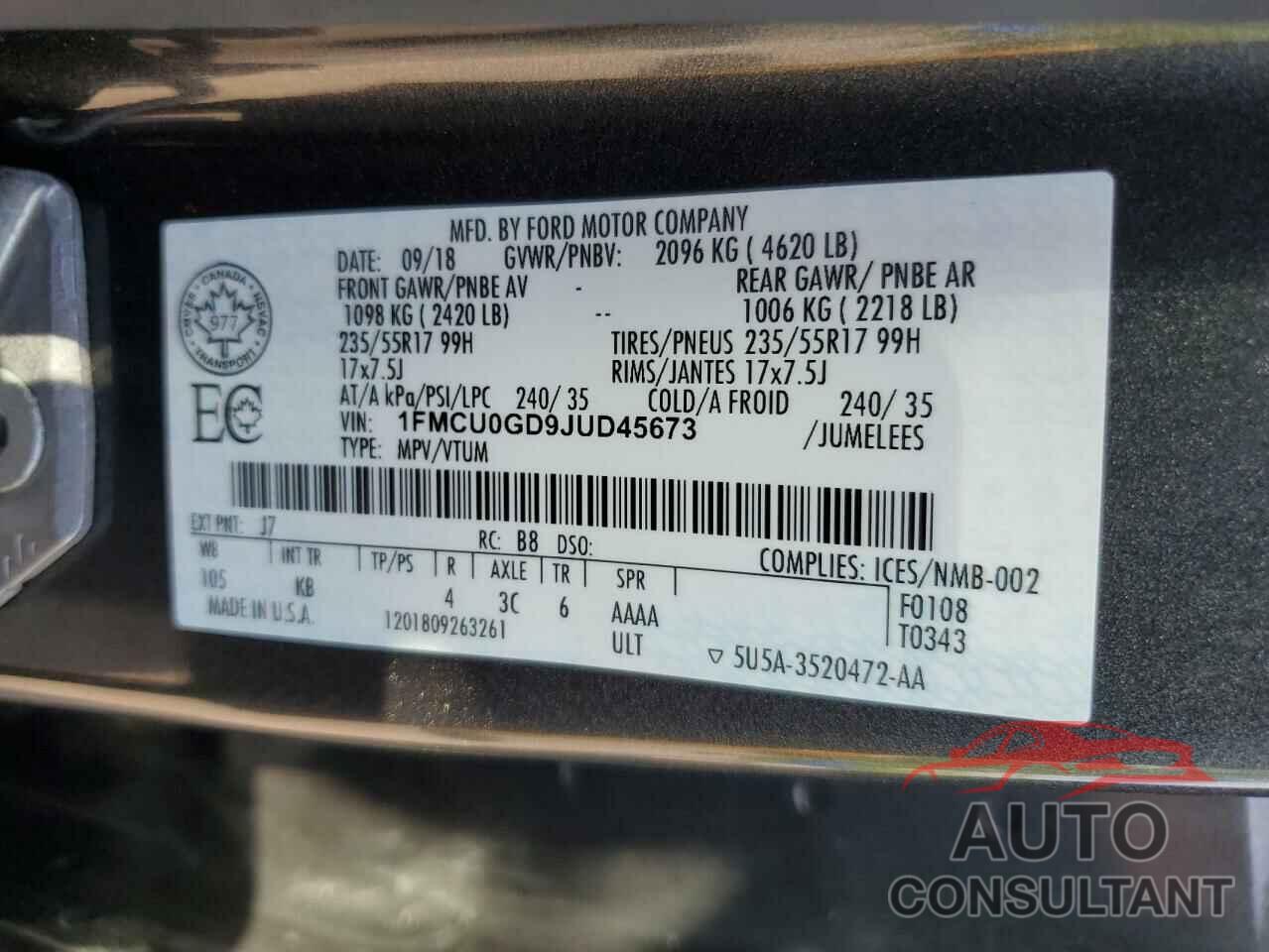 FORD ESCAPE 2018 - 1FMCU0GD9JUD45673