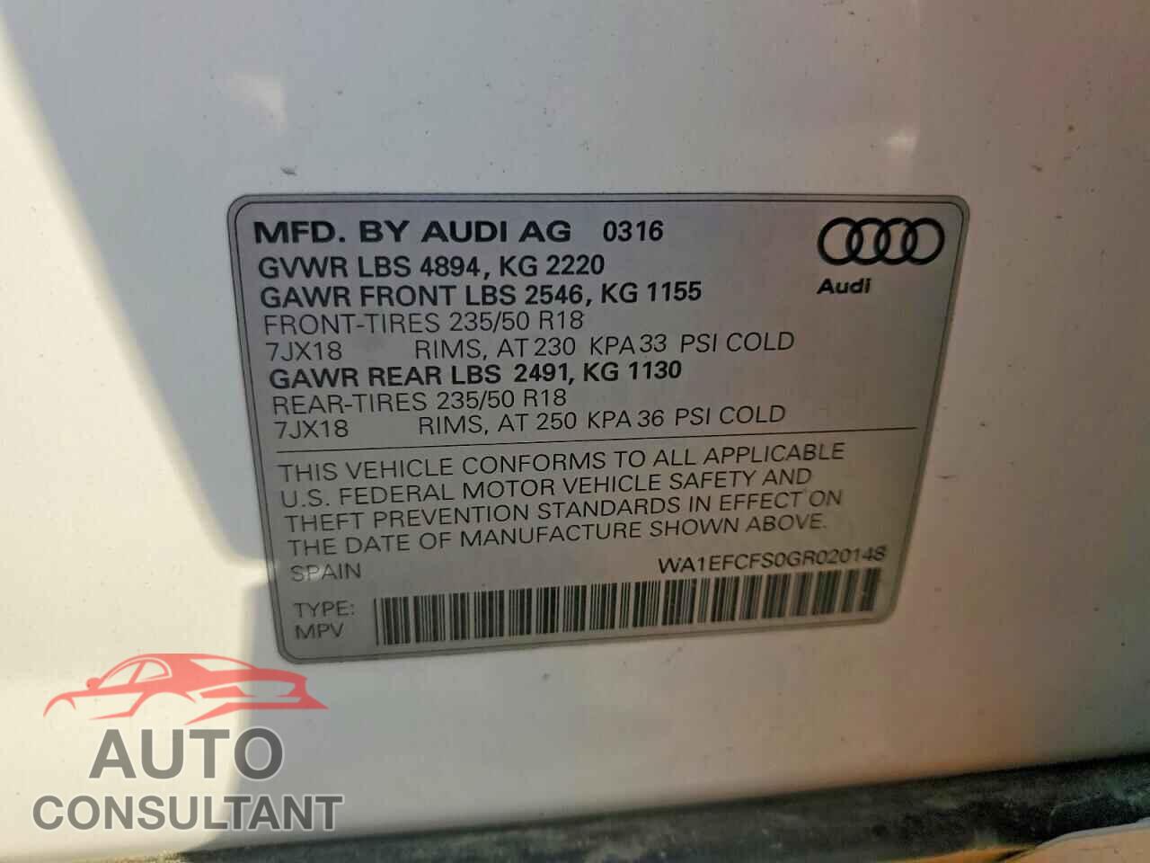 AUDI Q3 2016 - WA1EFCFS0GR020148
