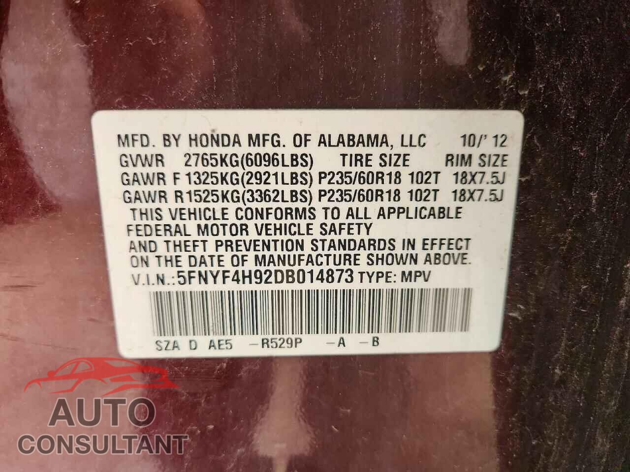 HONDA PILOT 2013 - 5FNYF4H92DB014873