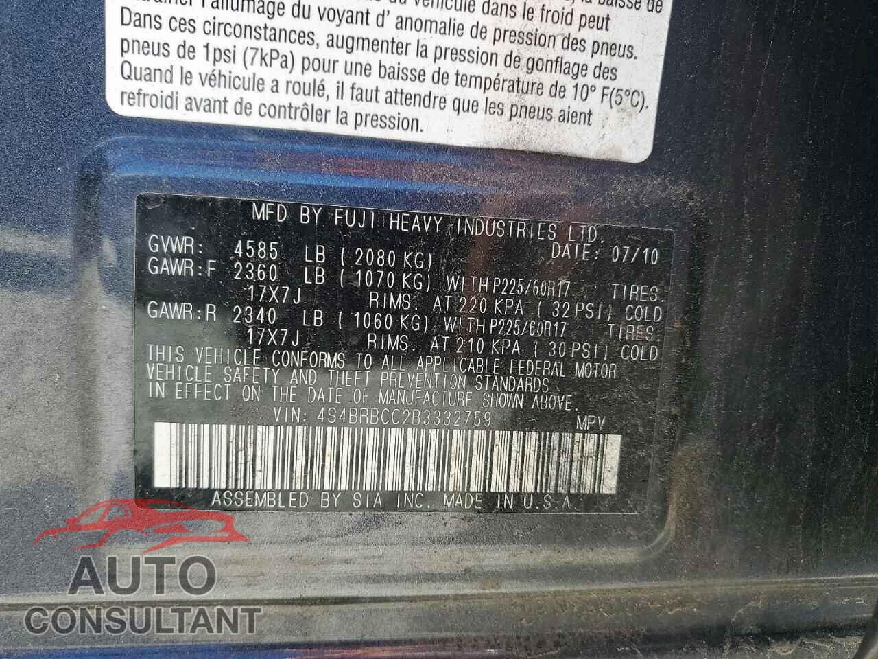 SUBARU OUTBACK 2011 - 4S4BRBCC2B3332759