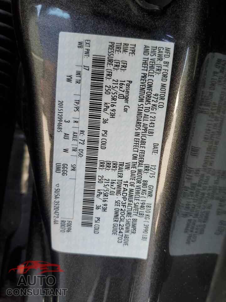 FORD FOCUS 2016 - 1FADP3F20GL254703