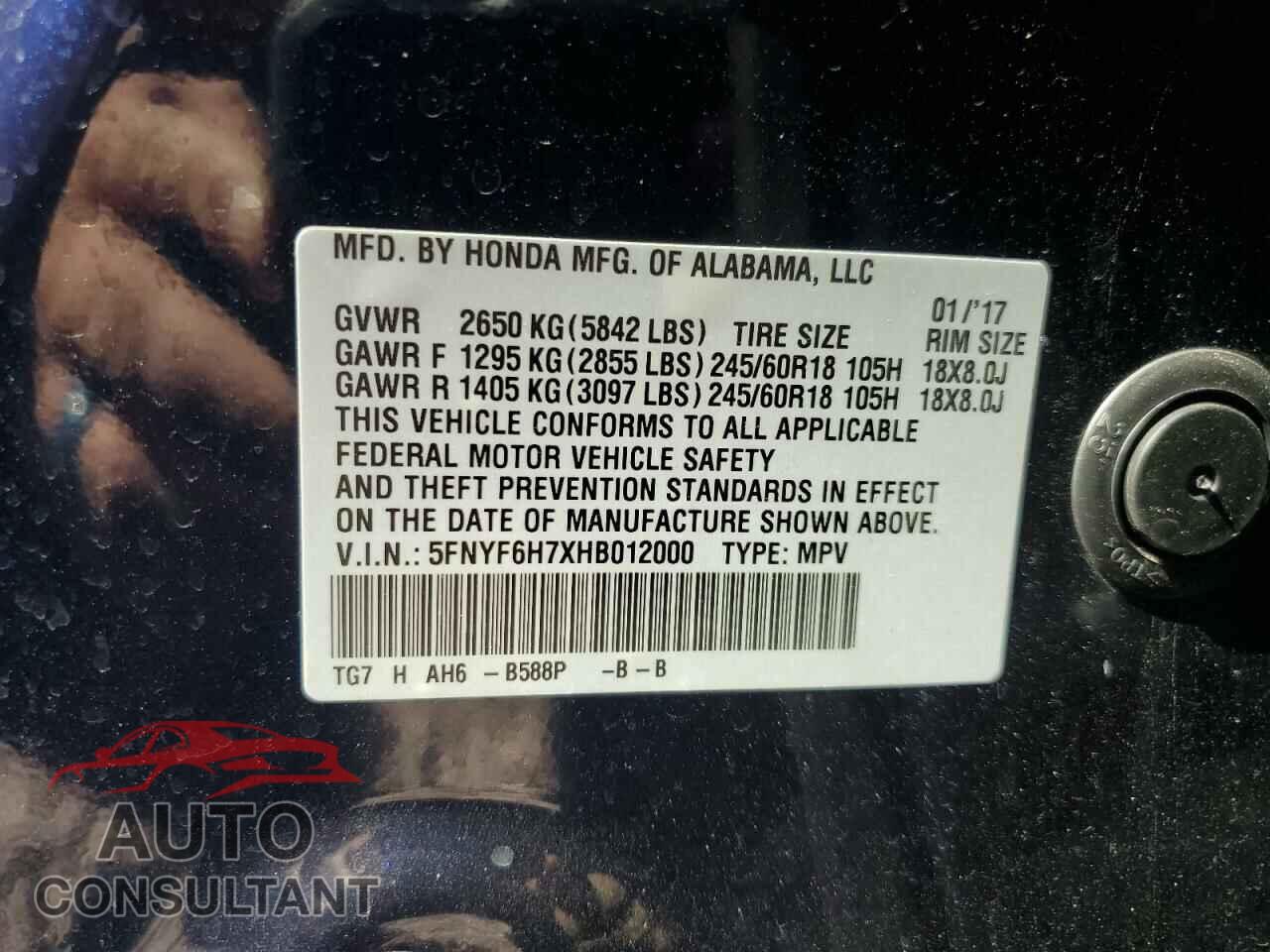 HONDA PILOT 2017 - 5FNYF6H7XHB012000