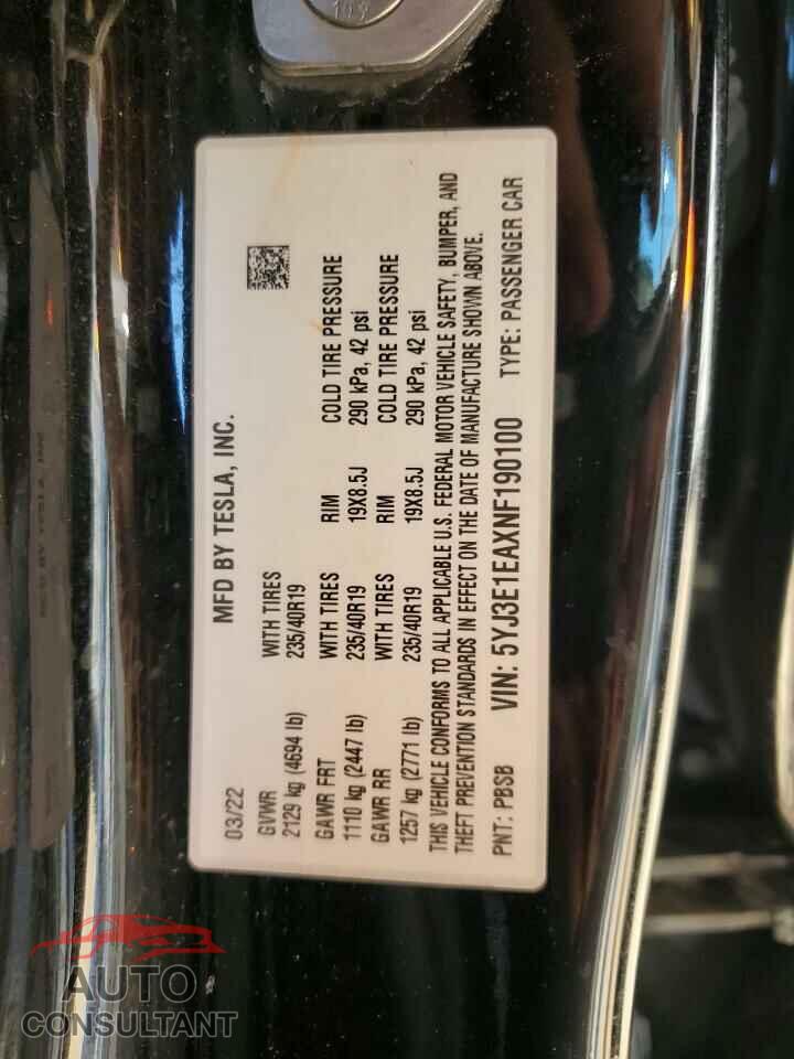 TESLA MODEL 3 2022 - 5YJ3E1EAXNF190100