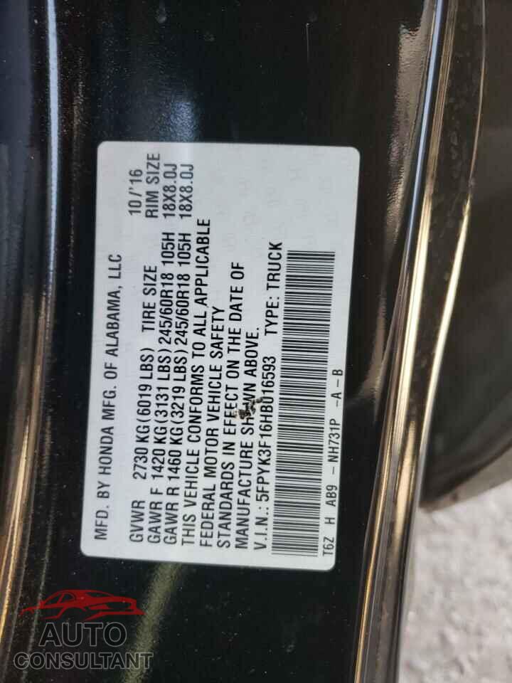 HONDA RIDGELINE 2017 - 5FPYK3F16HB016593