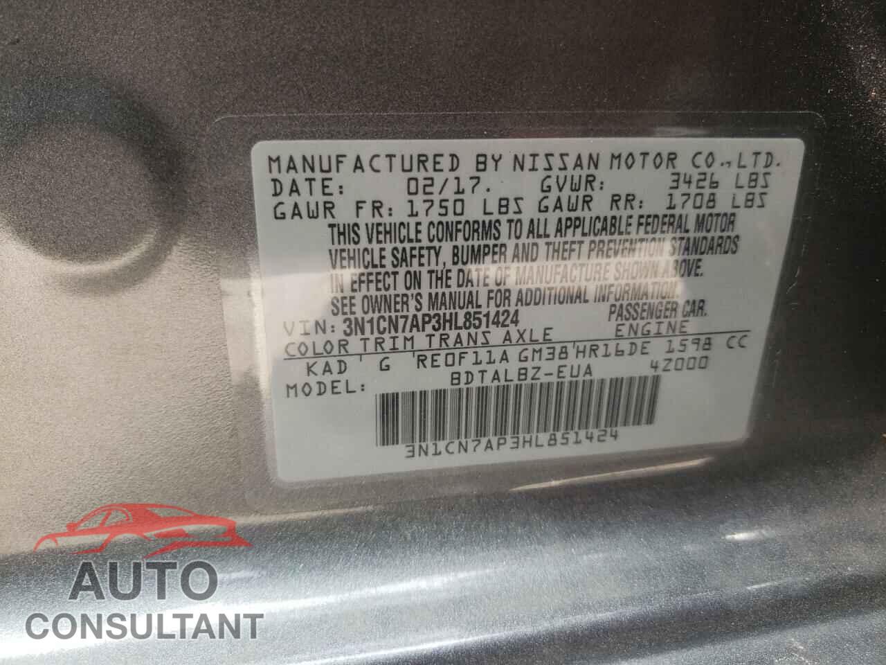 NISSAN VERSA 2017 - 3N1CN7AP3HL851424
