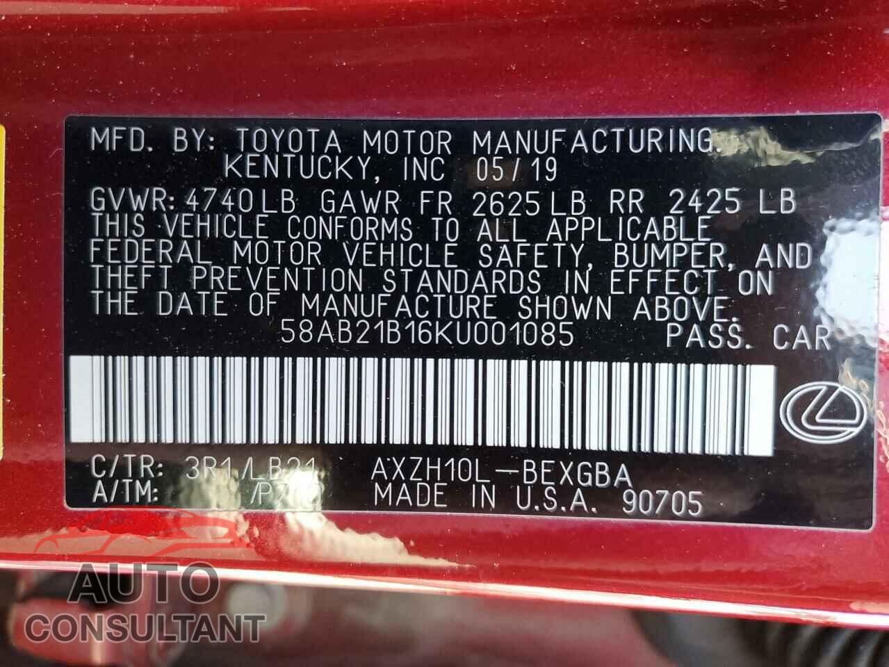 LEXUS ES300 2019 - 58AB21B16KU001085