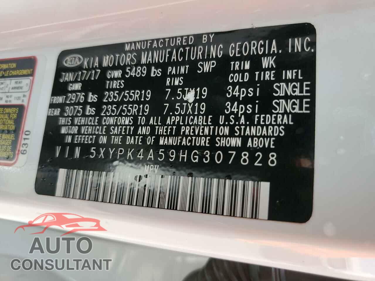 KIA SORENTO 2017 - 5XYPK4A59HG307828
