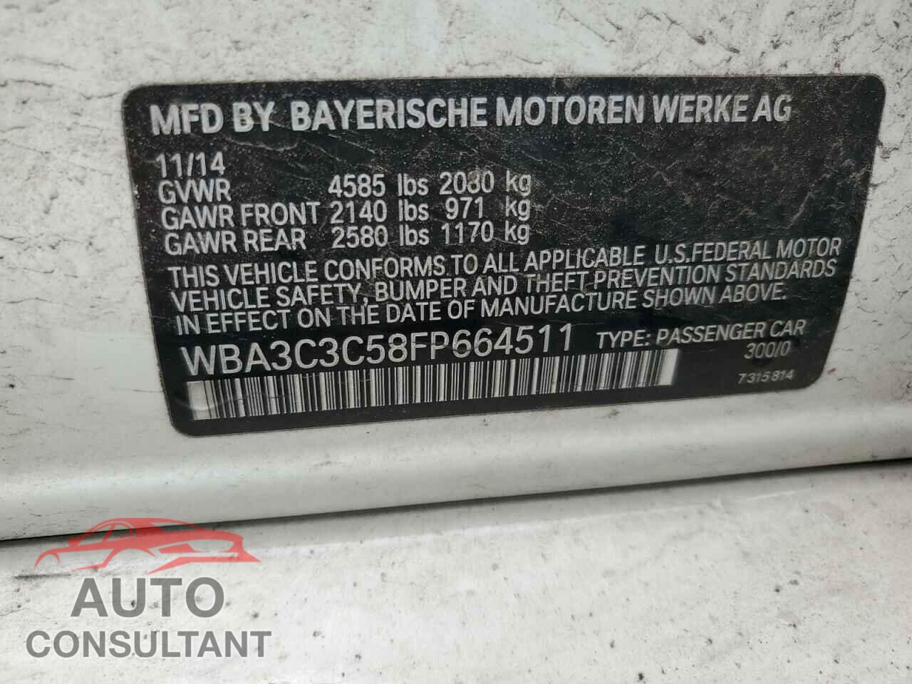 BMW 3 SERIES 2015 - WBA3C3C58FP664511