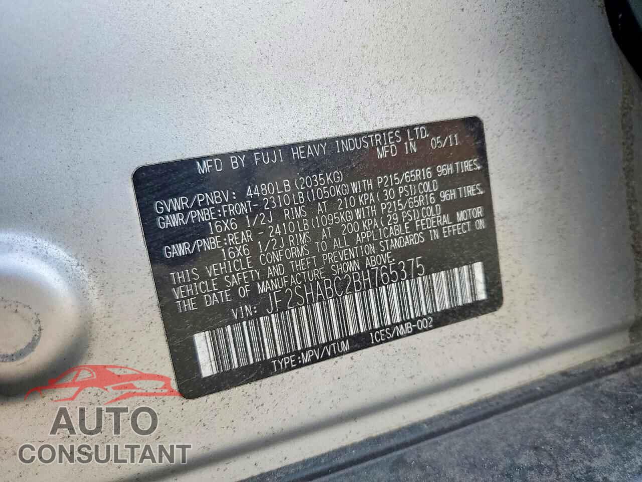 SUBARU FORESTER 2011 - JF2SHABC2BH765375