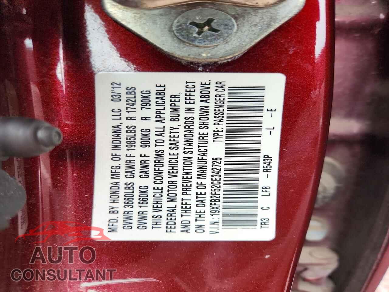 HONDA CIVIC 2012 - 19XFB2F52CE342726