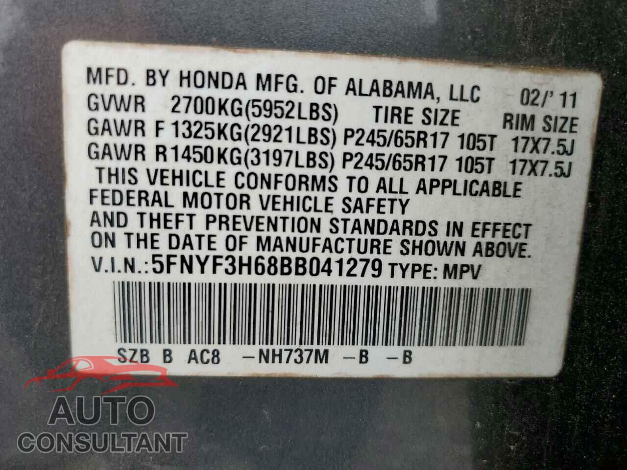 HONDA PILOT 2011 - 5FNYF3H68BB041279
