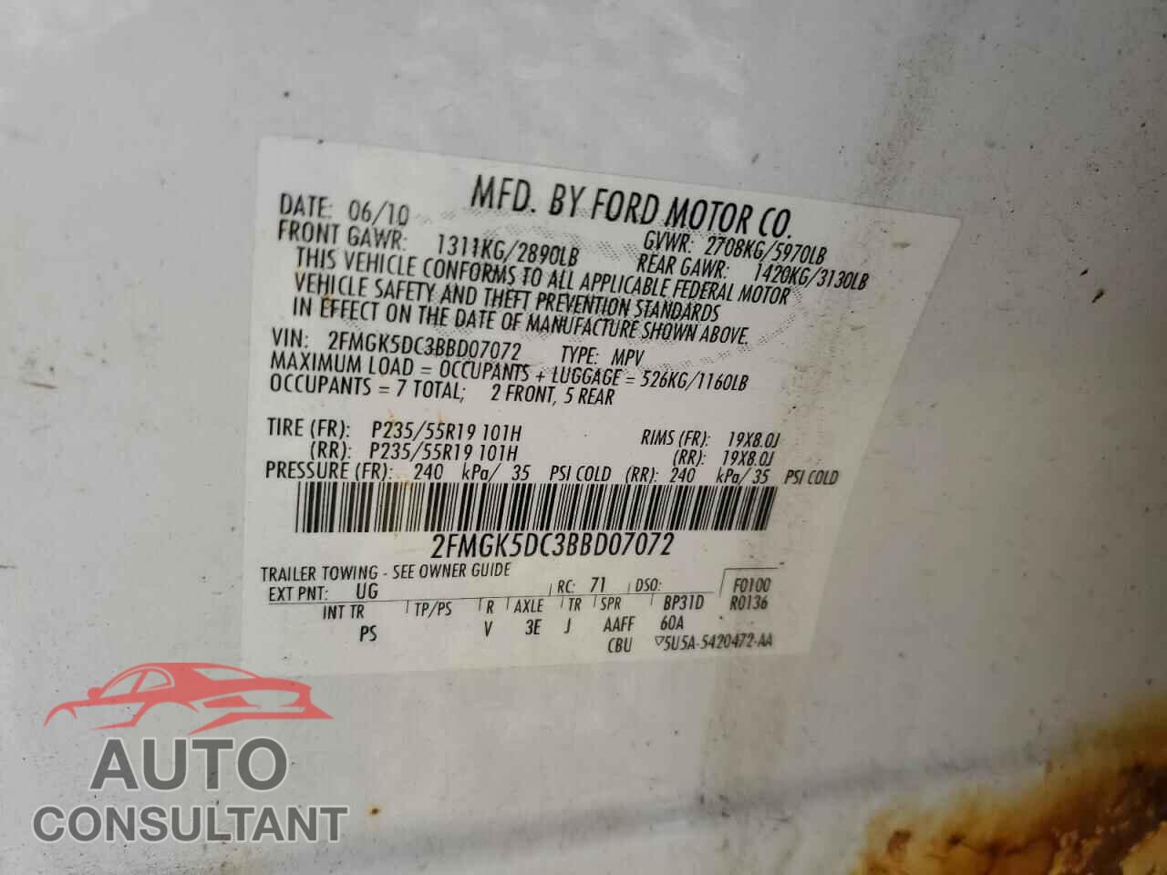 FORD FLEX 2011 - 2FMGK5DC3BBD07072