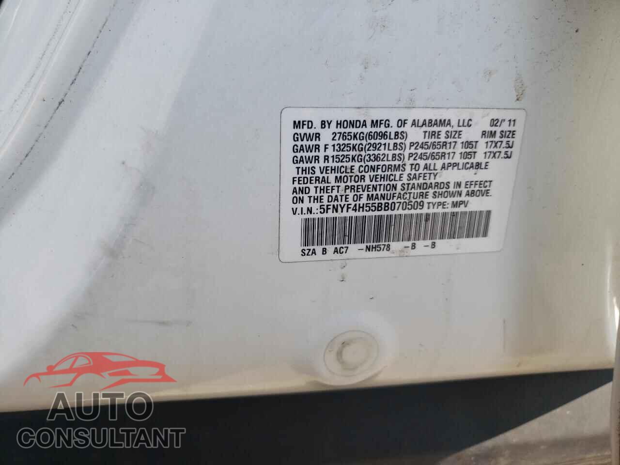 HONDA PILOT 2011 - 5FNYF4H55BB070509