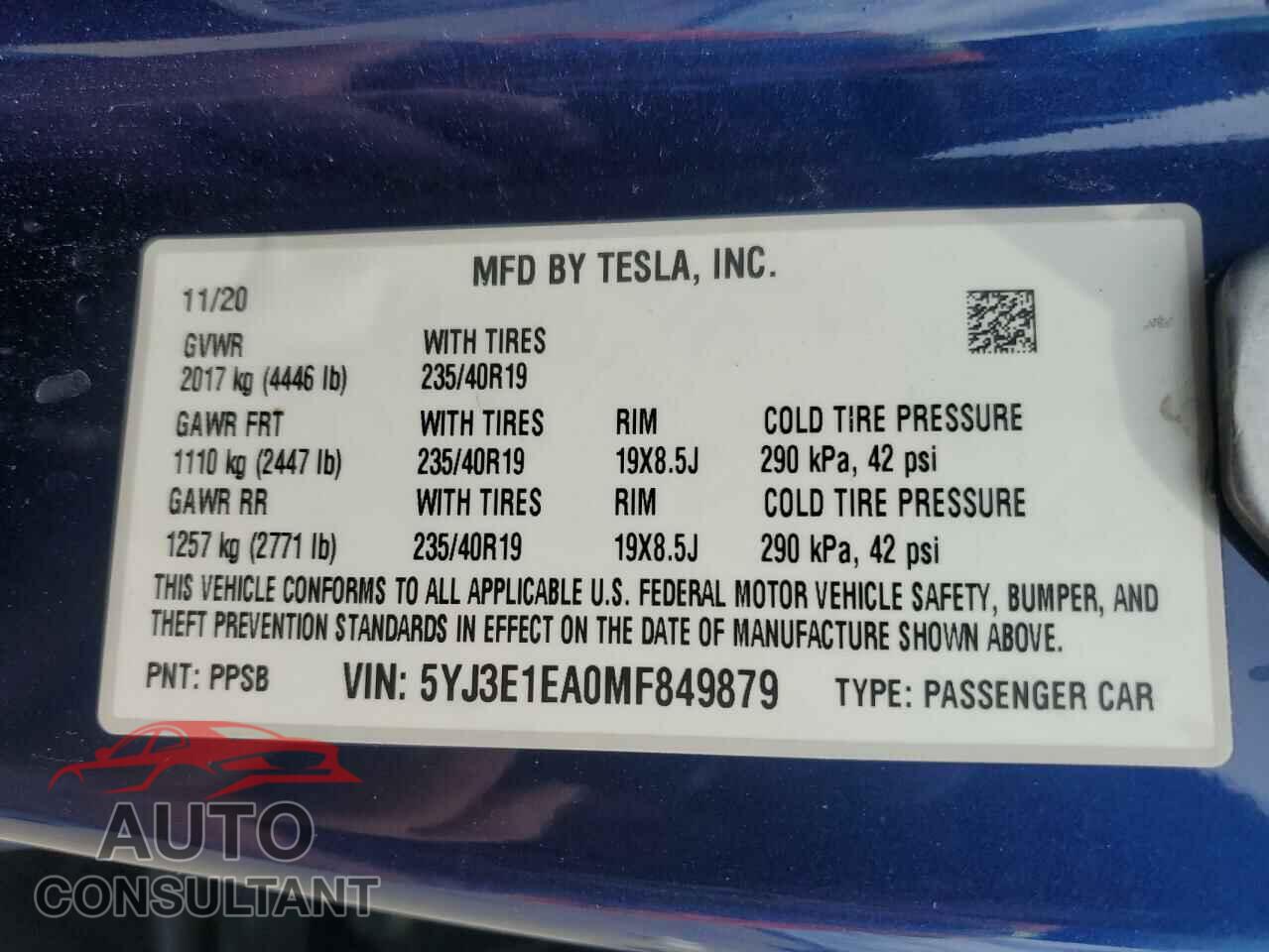 TESLA MODEL 3 2021 - 5YJ3E1EA0MF849879