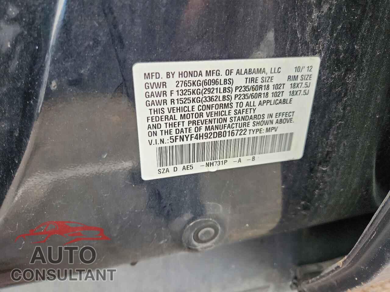 HONDA PILOT 2013 - 5FNYF4H92DB016722