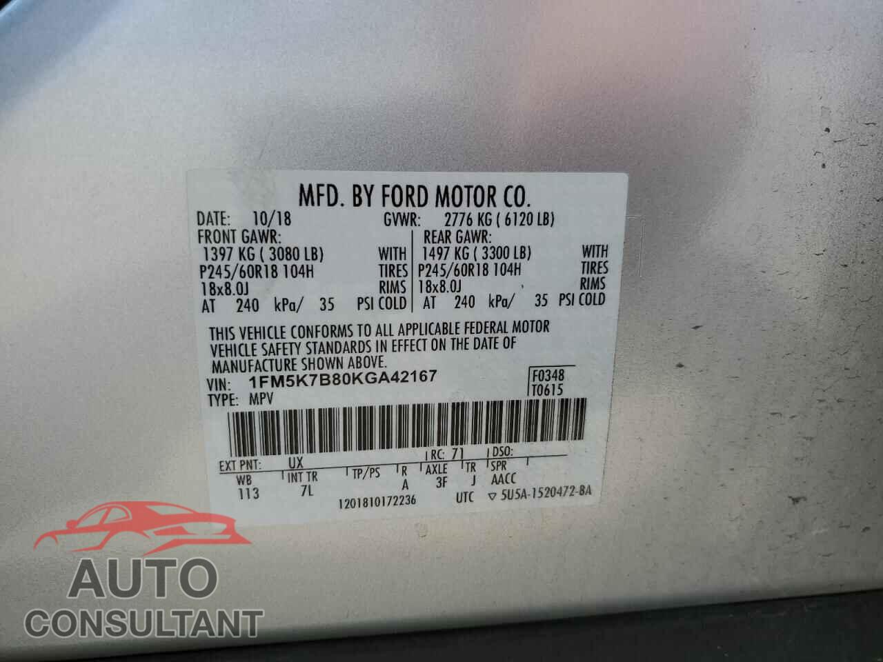 FORD EXPLORER 2019 - 1FM5K7B80KGA42167