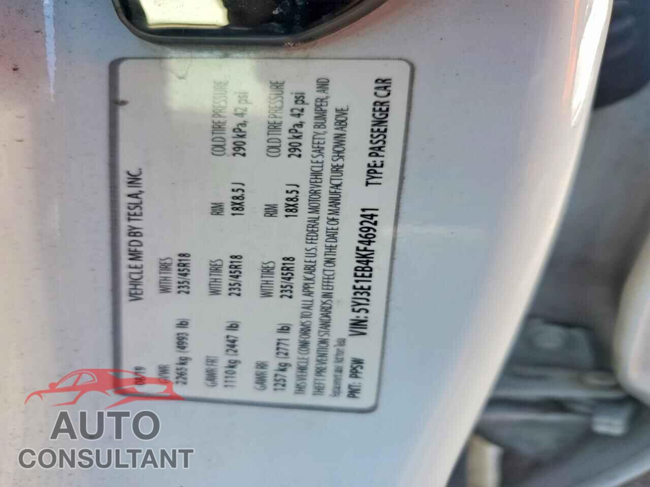 TESLA MODEL 3 2019 - 5YJ3E1EB4KF469241