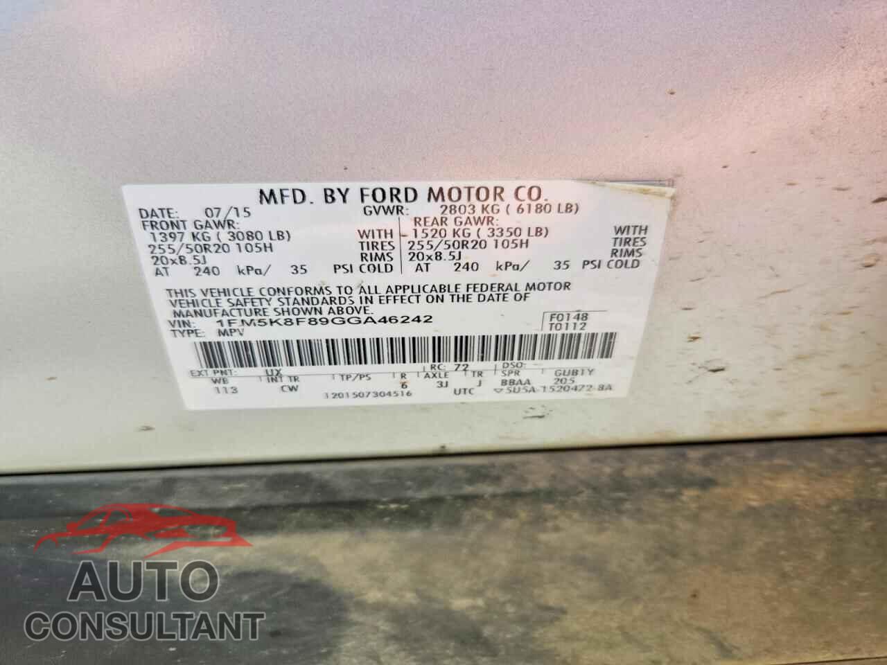 FORD EXPLORER 2016 - 1FM5K8F89GGA46242