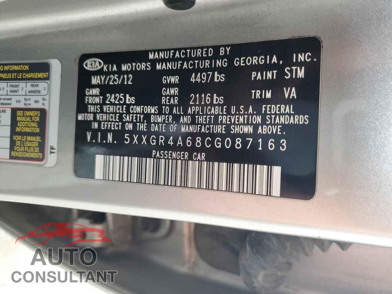 KIA OPTIMA 2012 - 5XXGR4A68CG087163