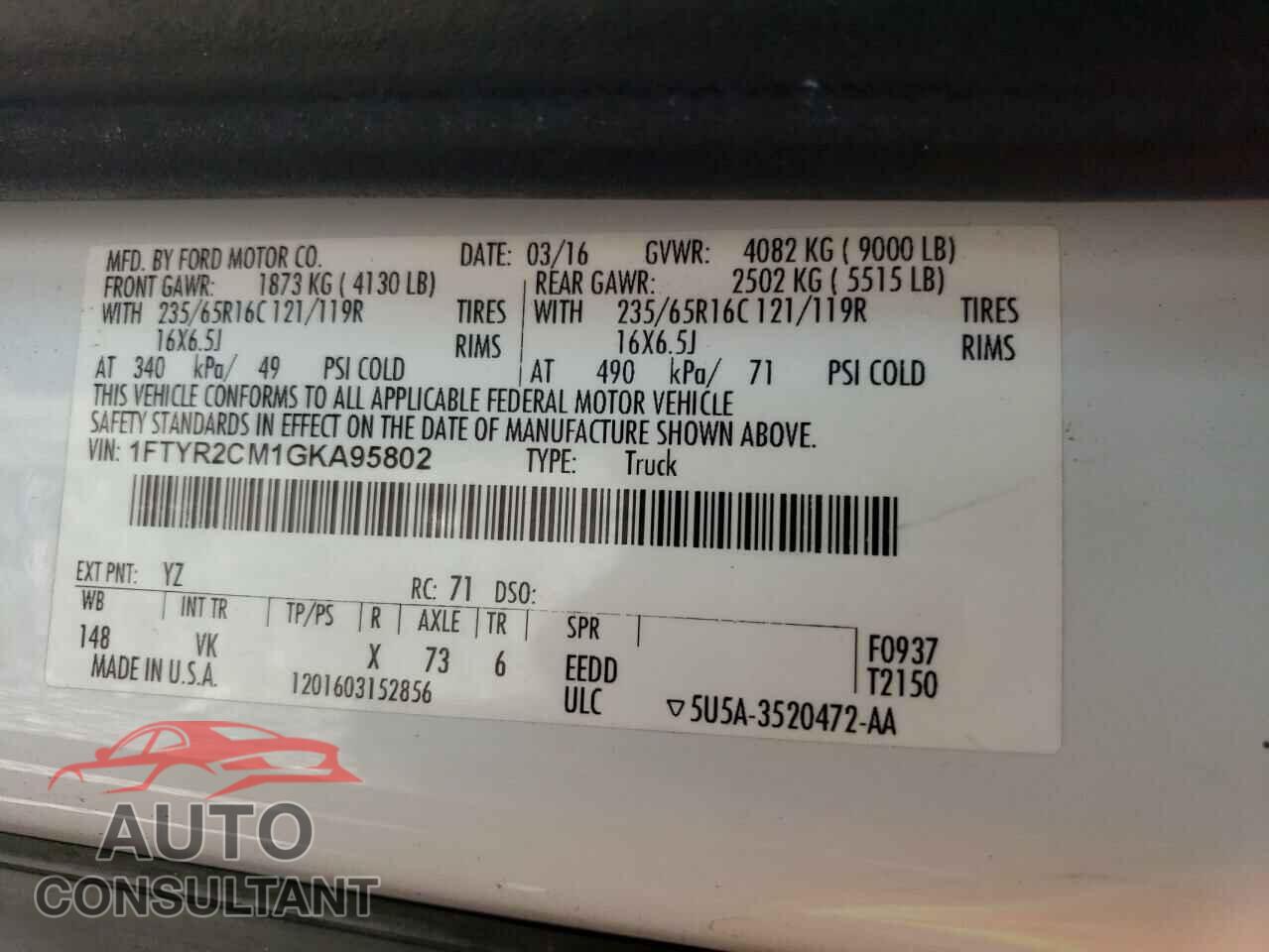 FORD TRANSIT 2016 - 1FTYR2CM1GKA95802