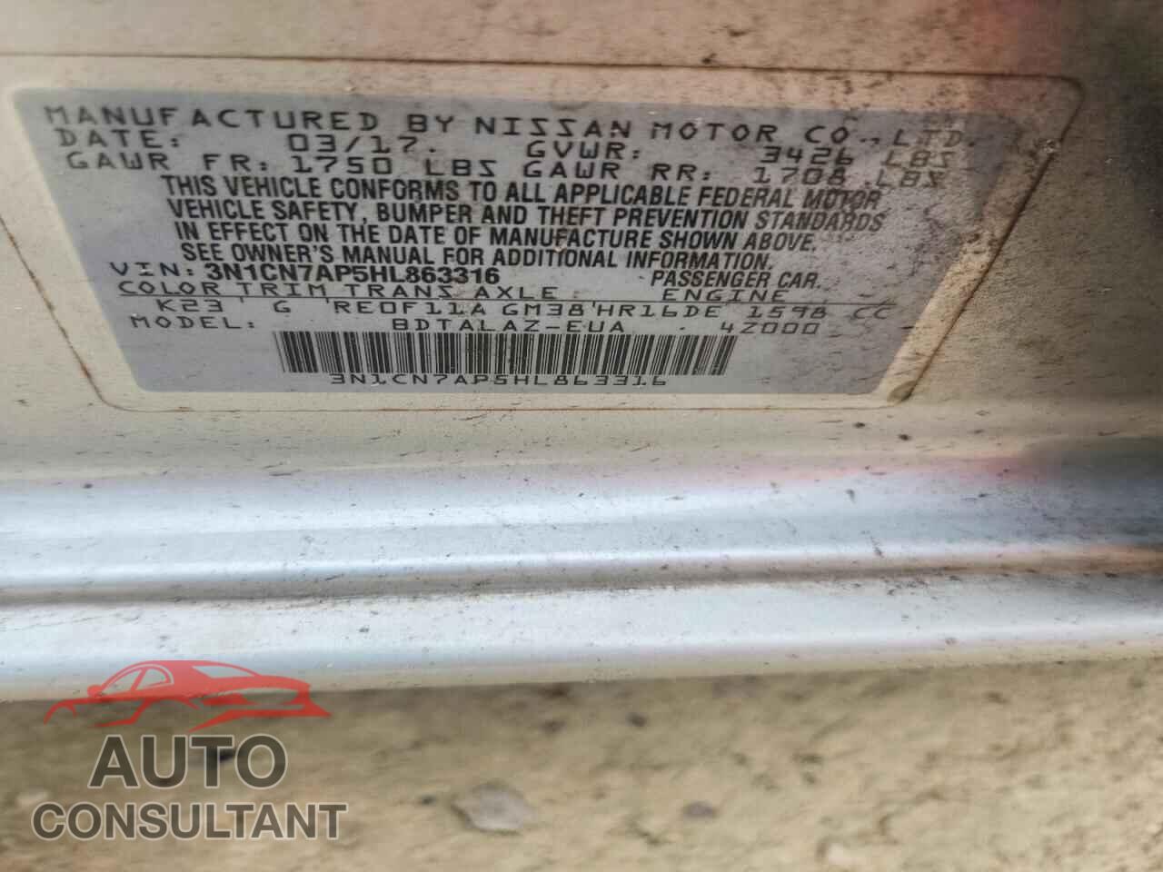 NISSAN VERSA 2017 - 3N1CN7AP5HL863316
