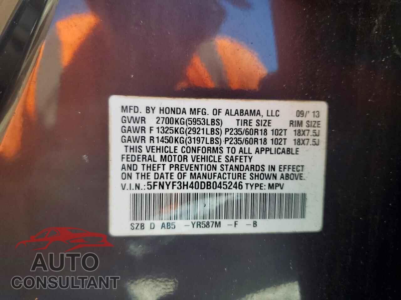 HONDA PILOT 2013 - 5FNYF3H40DB045246