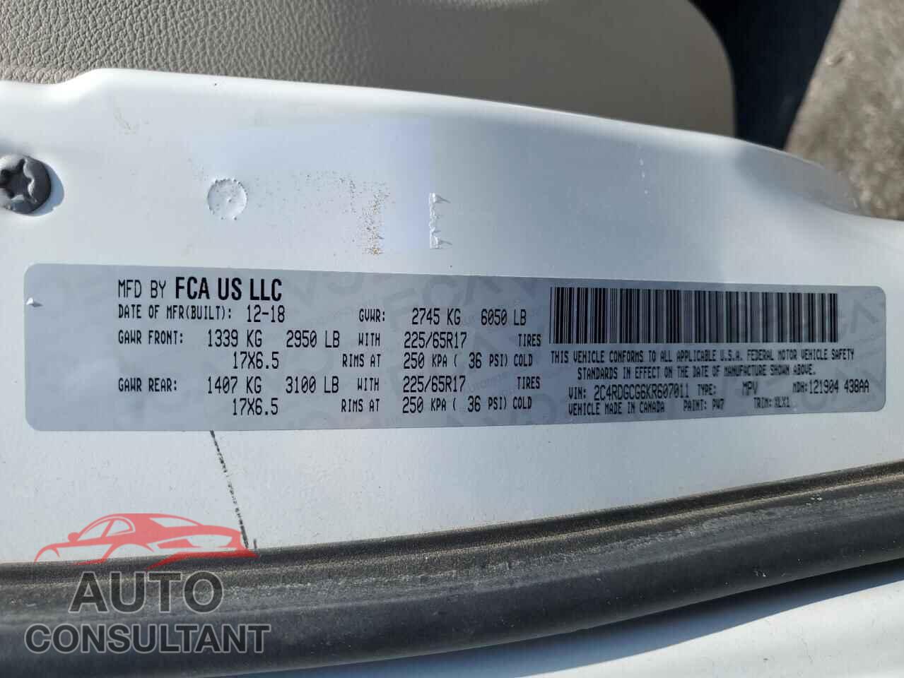 DODGE CARAVAN 2019 - 2C4RDGCG6KR607011