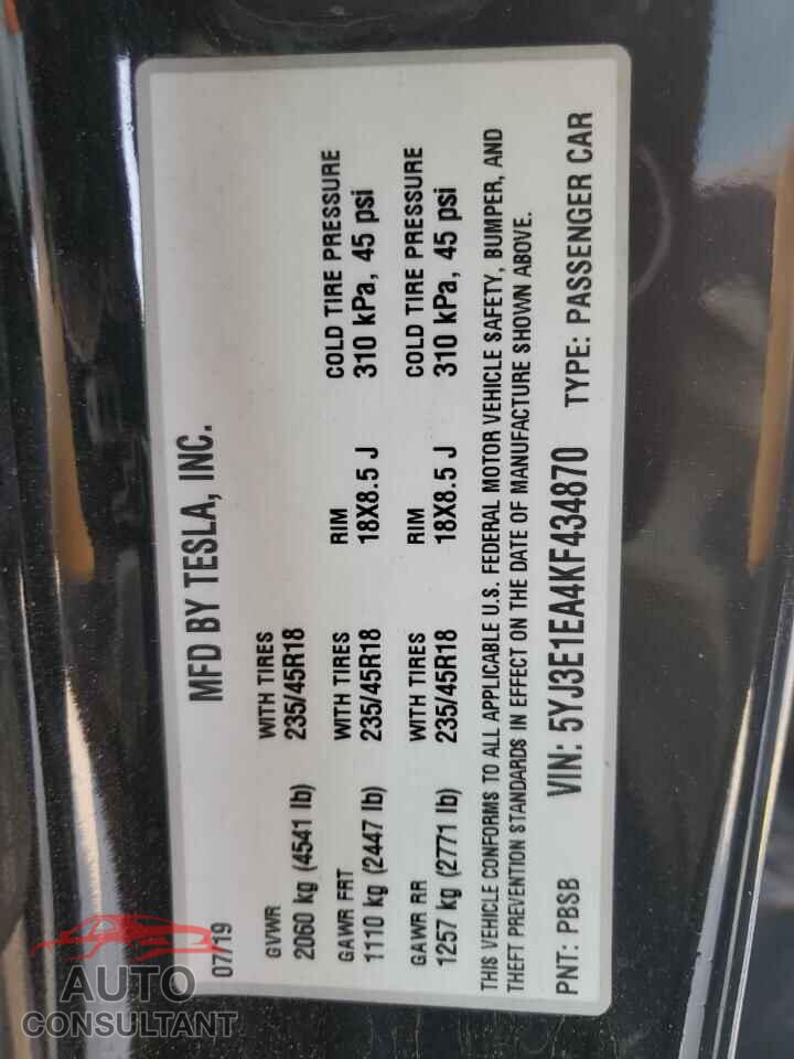 TESLA MODEL 3 2019 - 5YJ3E1EA4KF434870