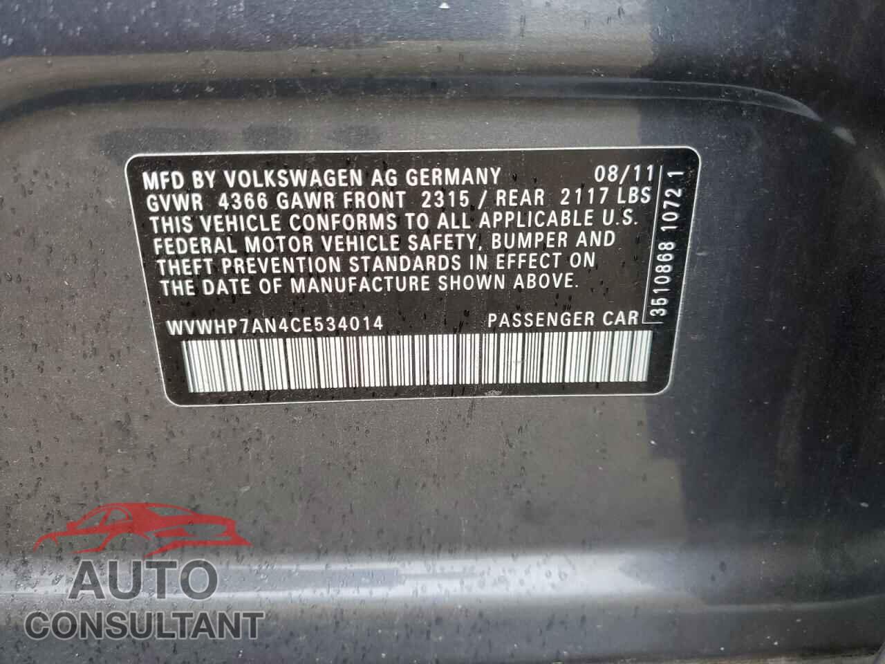 VOLKSWAGEN CC 2012 - WVWHP7AN4CE534014