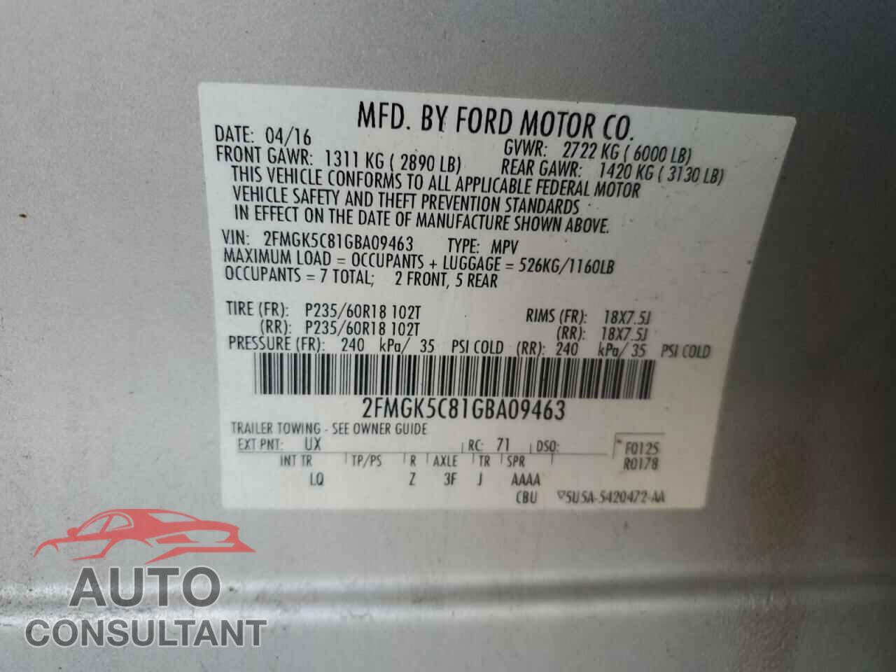 FORD FLEX 2016 - 2FMGK5C81GBA09463